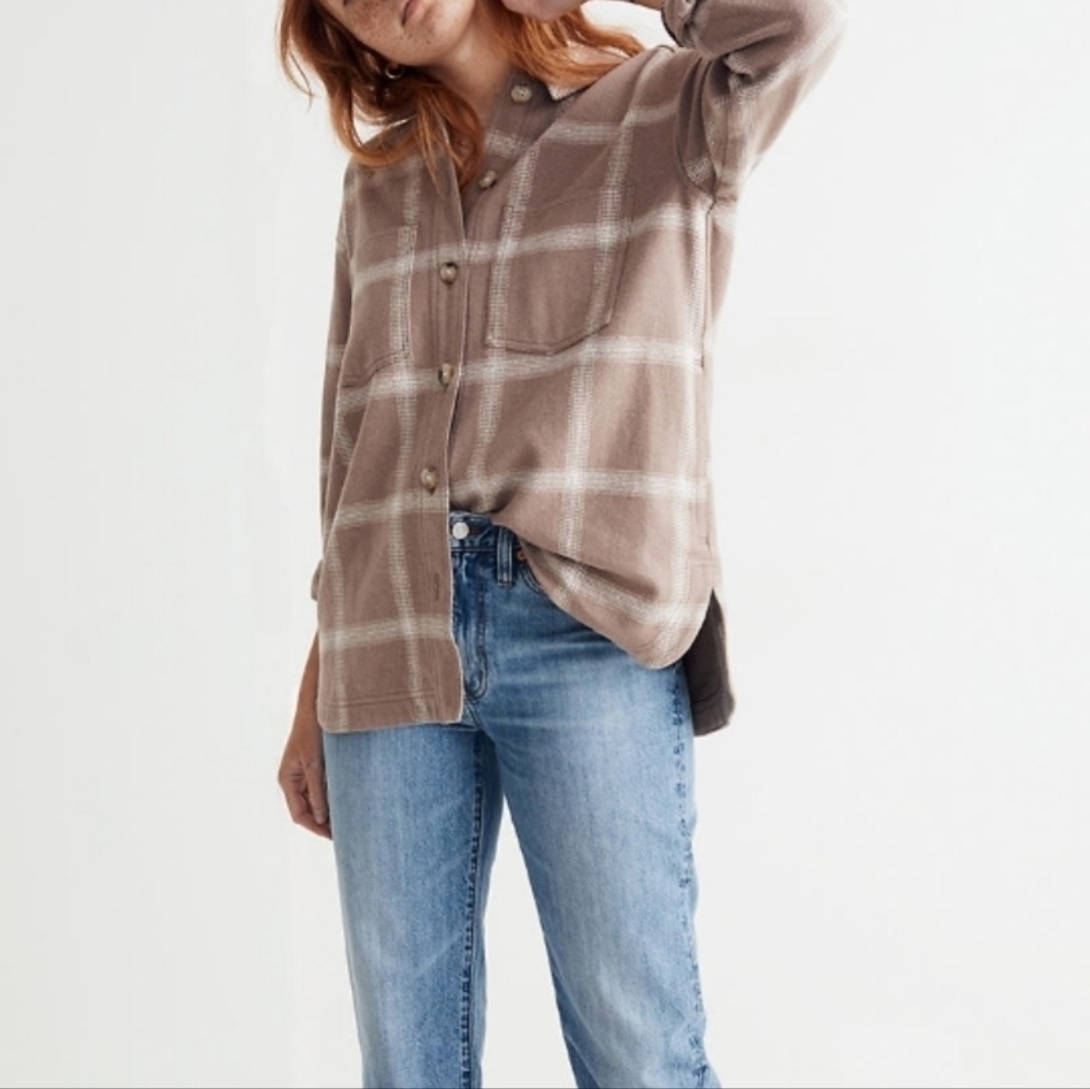 Madewell Kentwood Shirt Jacket Shacket Windowpane Flannel Tan Cream M